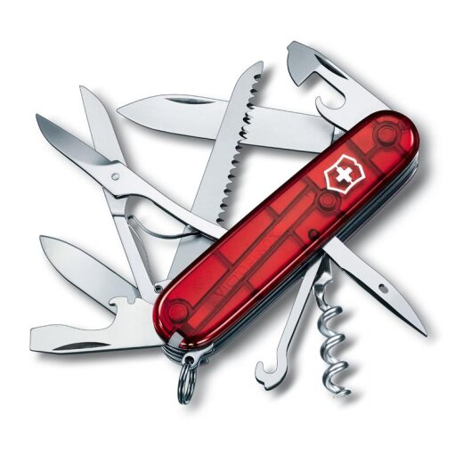 Ein aufgeklapptes Schweizer Taschenmesser von Victorinox mit roter Griffschale. Zu sehen sind mehrere ausgeklappte Werkzeuge, darunter große und kleine Klinge, Schere, Holzsäge, Dosenöffner mit Schraubendreher, Kapselheber mit Schraubendreher, Korkenzieher, Stechahle und ein Ring zur Befestigung.