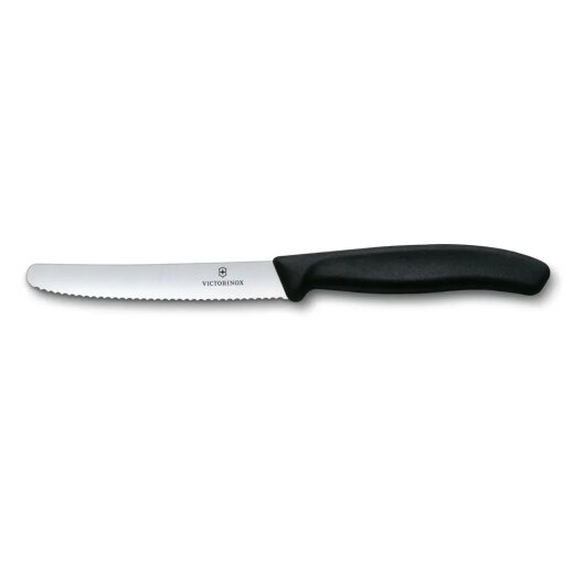 Victorinox Swiss Classic Tomaten- und Tafelmesser 6.7833 mit schwarzem Polypropylen-Griff und ca. 11 cm Wellenschliff-Klinge.