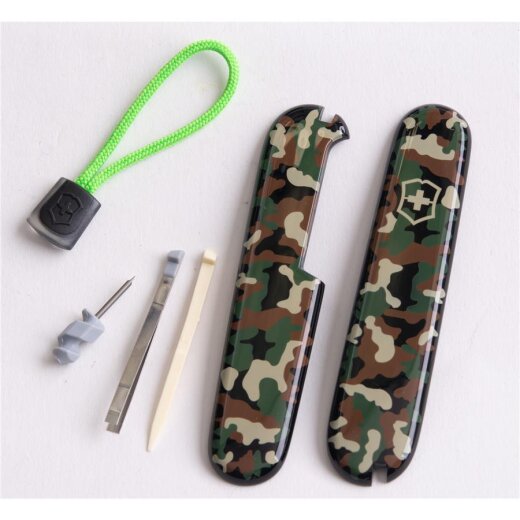 Ersatzteil-Set für 91 mm Offiziersmesser von Victorinox mit Camouflage-Schalen und grün/schwarzer Kordel