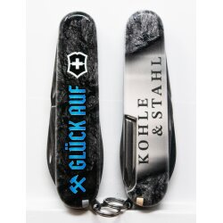 Victorinox Tinker Glückauf Kohle Stahl Taschenmesser Griffschale Vorderseite mit Victorinox Logo und traditionsreichem Glückauf Schriftzug im Reliefdruck