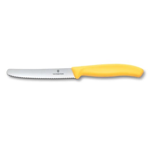 Victorinox Swiss Classic Tomaten- und Tafelmesser 6.7838.C1 mit gelbem Polypropylen-Griff und ca. 11 cm Wellenschliff-Klinge.
