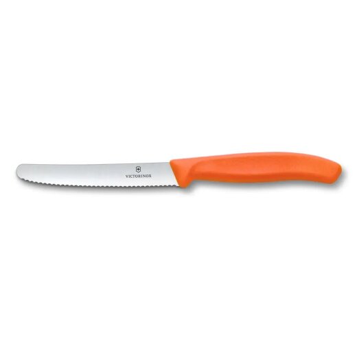 Victorinox Swiss Classic Tomaten- und Tafelmesser 6.7839.C1 mit orangem Polypropylen-Griff und ca. 11 cm Wellenschliff-Klinge.