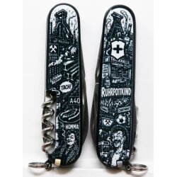 Victorinox Spartan Ruhrpottkind Taschenmesser weiße Griffschale Rückseite mit Wimmelbild-Motiv Schlägel und Eisen Förderturm Malocher Pilsken Autobahnschild A40 Currywurst Hömma Aufschrift